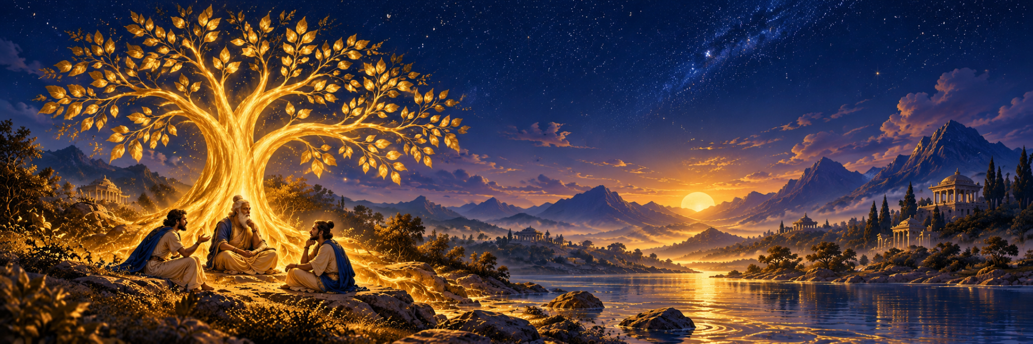 Three figures in thoughtful discussion beneath a luminous golden tree beside a river, with mountains and a star-filled sky beyond.
